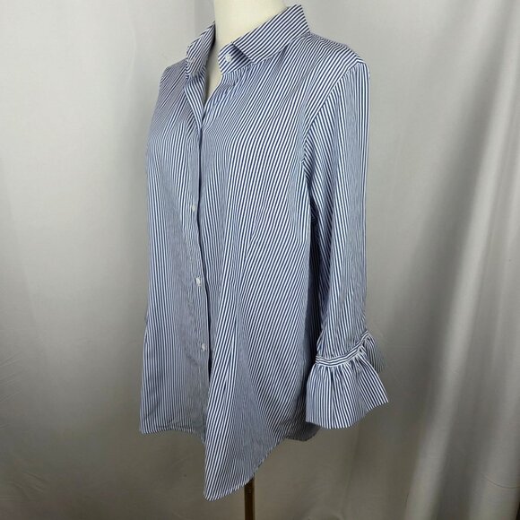 Gretchen Scott Priss Blouse Striped Shirt XL Navy White Button-Down Bell Sleeves - Picture 4 of 10
